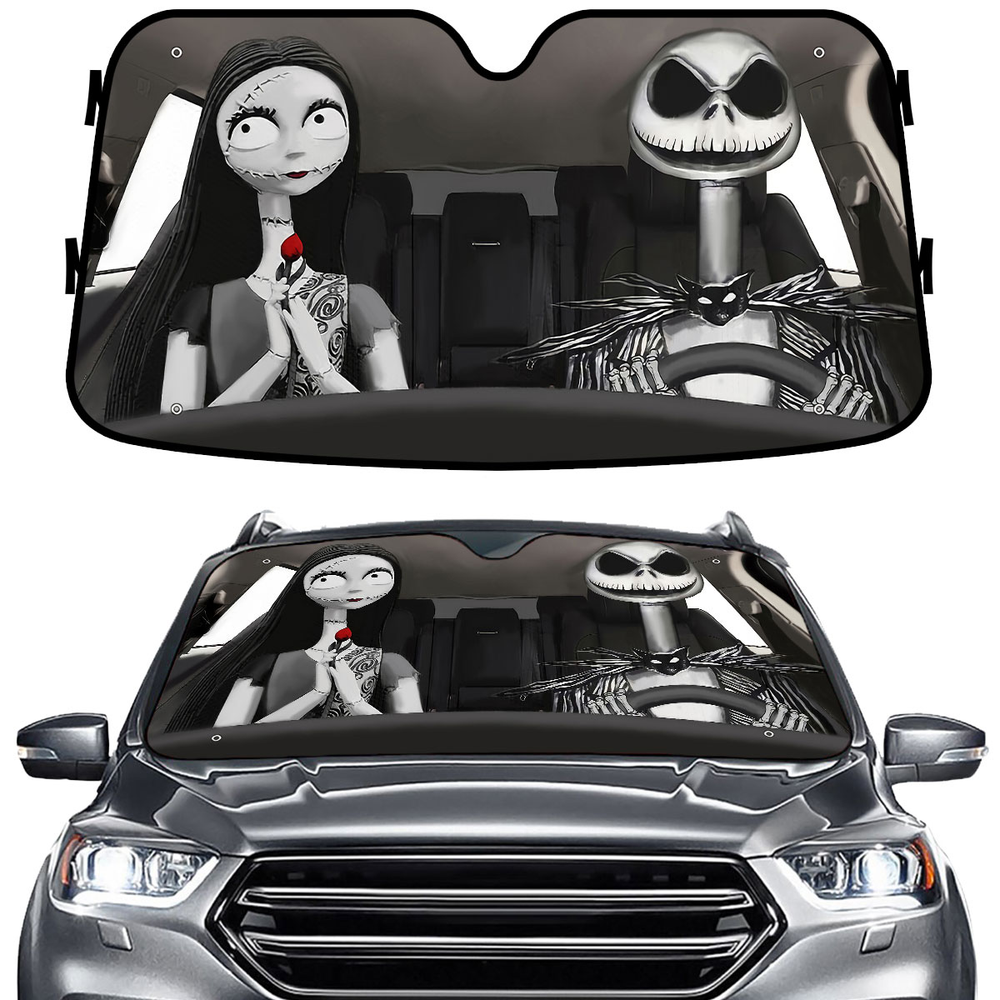 Spooky Skeleton Couple Horror Car Windshield Sun Shade – Foldable UV Heat Shield