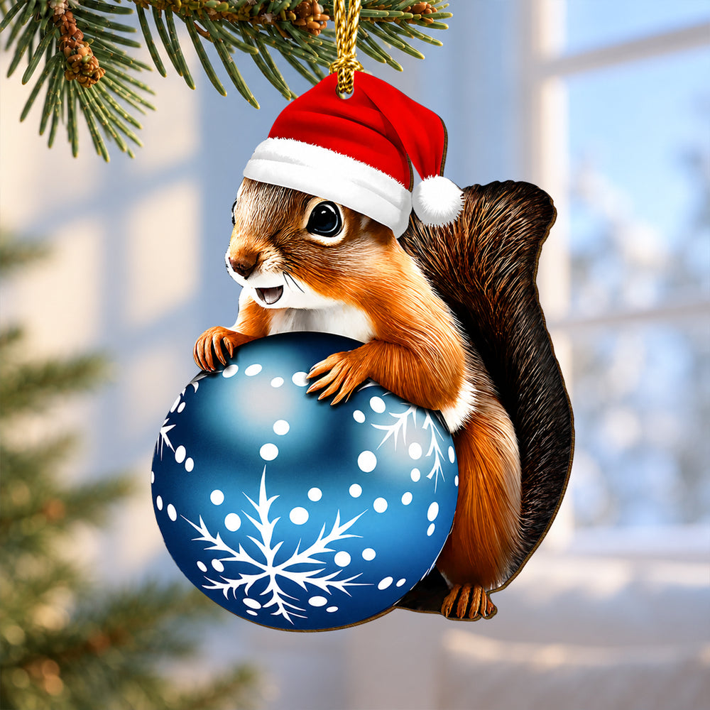 Squirrel with Ornament – Wooden Christmas Ornament