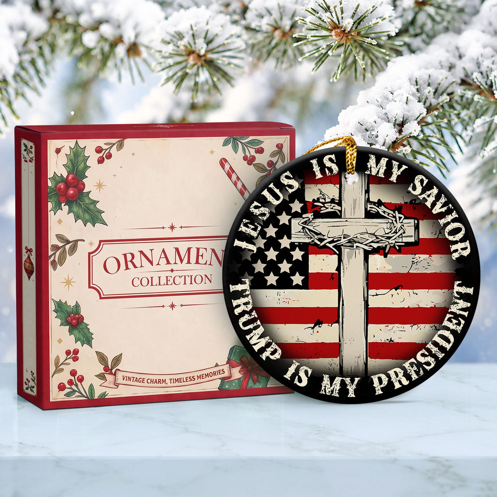 Patriotic Cross Flag Ceramic Christmas Ornament 2026