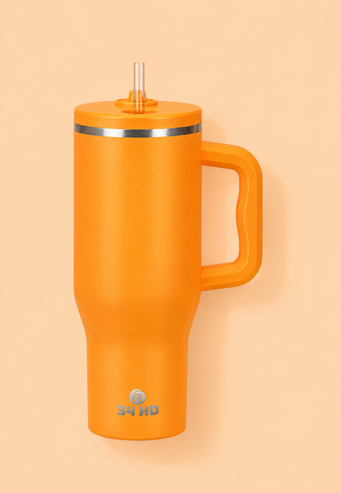 34HD 40 oz Tangerine Glow Stainless Steel Tumbler - Leakproof Insulated Water Bottle with Handle, Magnetic Lid and Flexible Straw