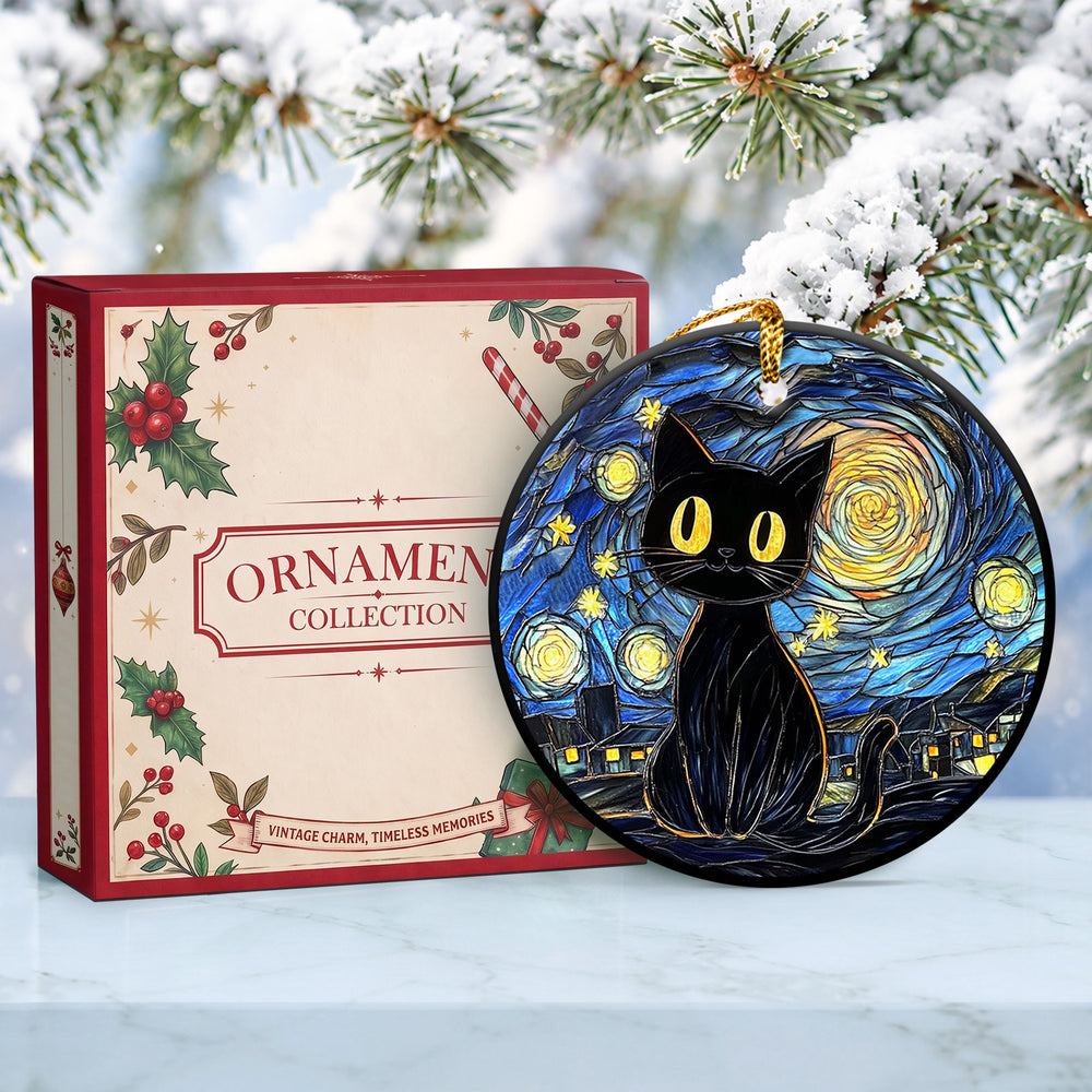 Black Cat Starry Night Ceramic Christmas Ornament 2026
