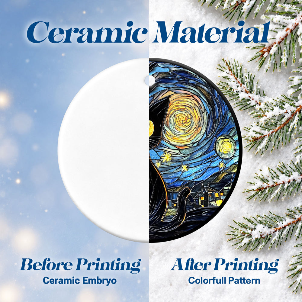 Black Cat Starry Night – Ceramic Christmas Ornament