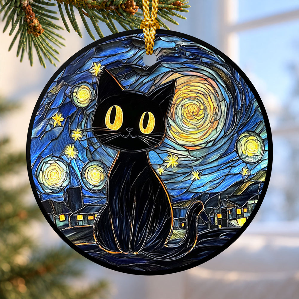 Black Cat Starry Night – Ceramic Christmas Ornament