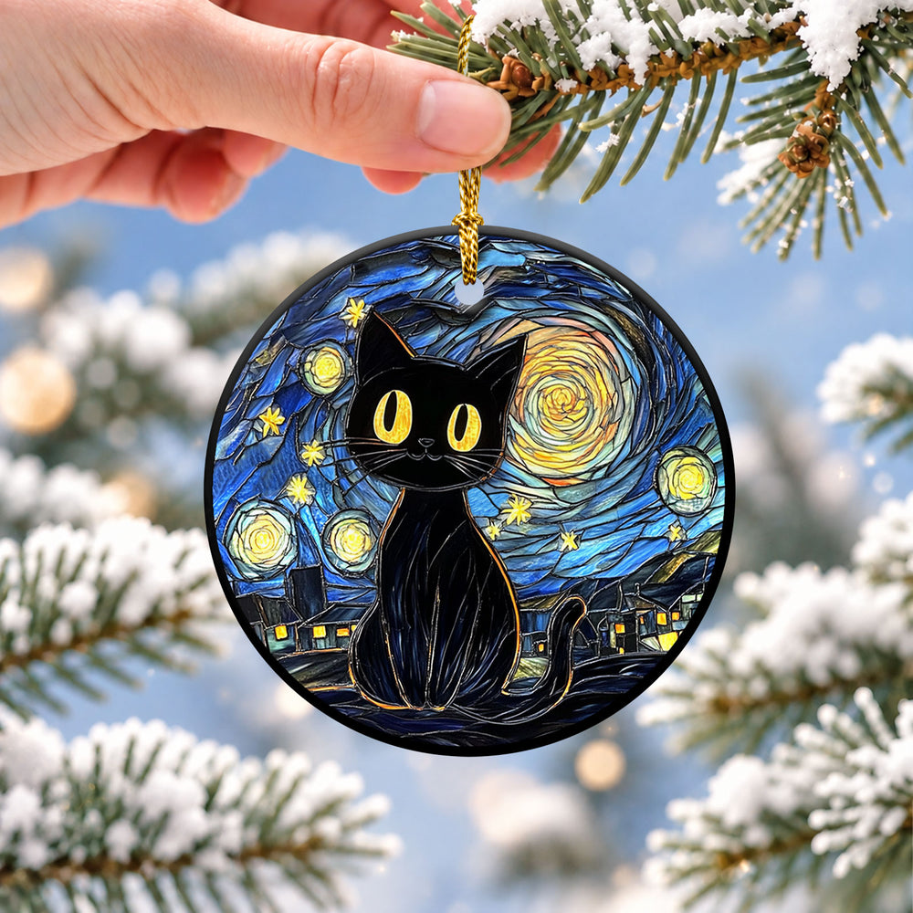 Black Cat Starry Night Ceramic Christmas Ornament 2026