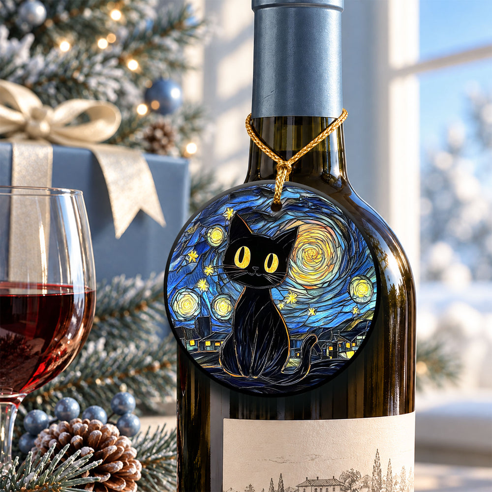 Black Cat Starry Night Ceramic Christmas Ornament 2026