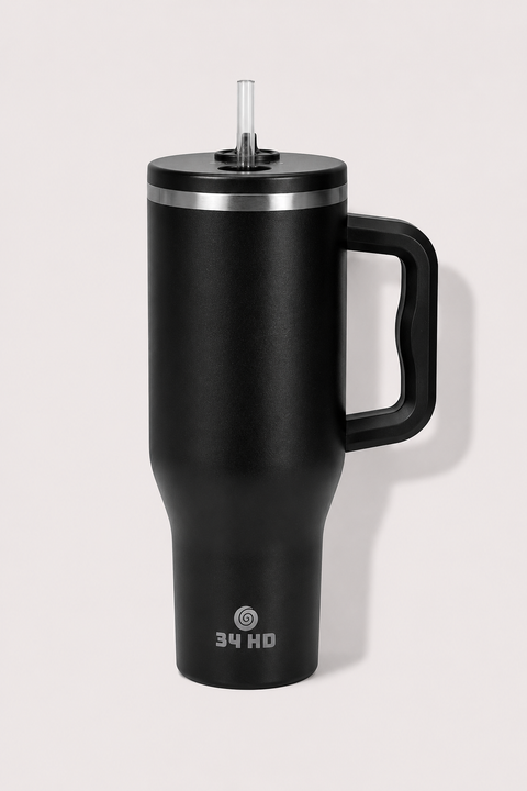34HD 40 oz Midnight Onyx Stainless Steel Tumbler - Leakproof Insulated Water Bottle with Handle, Magnetic Lid and Flexible Straw