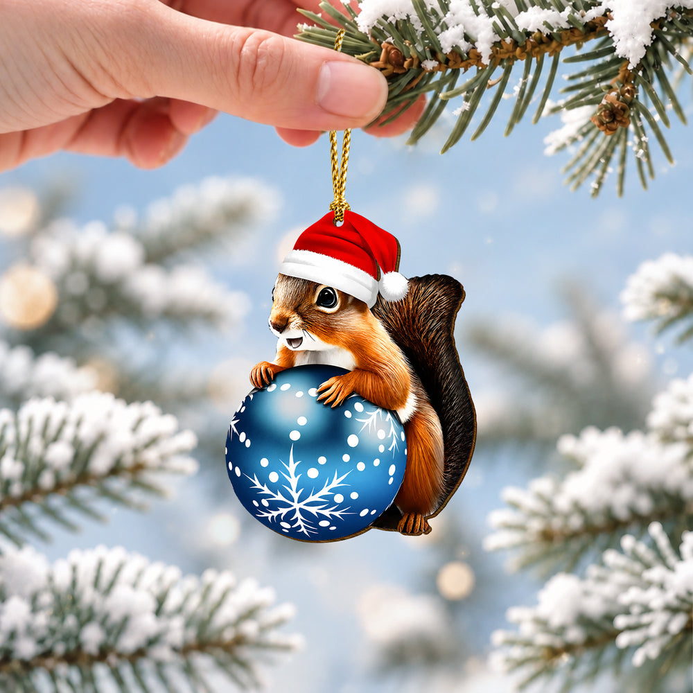 Squirrel with Ornament Wooden Christmas Ornament 2026