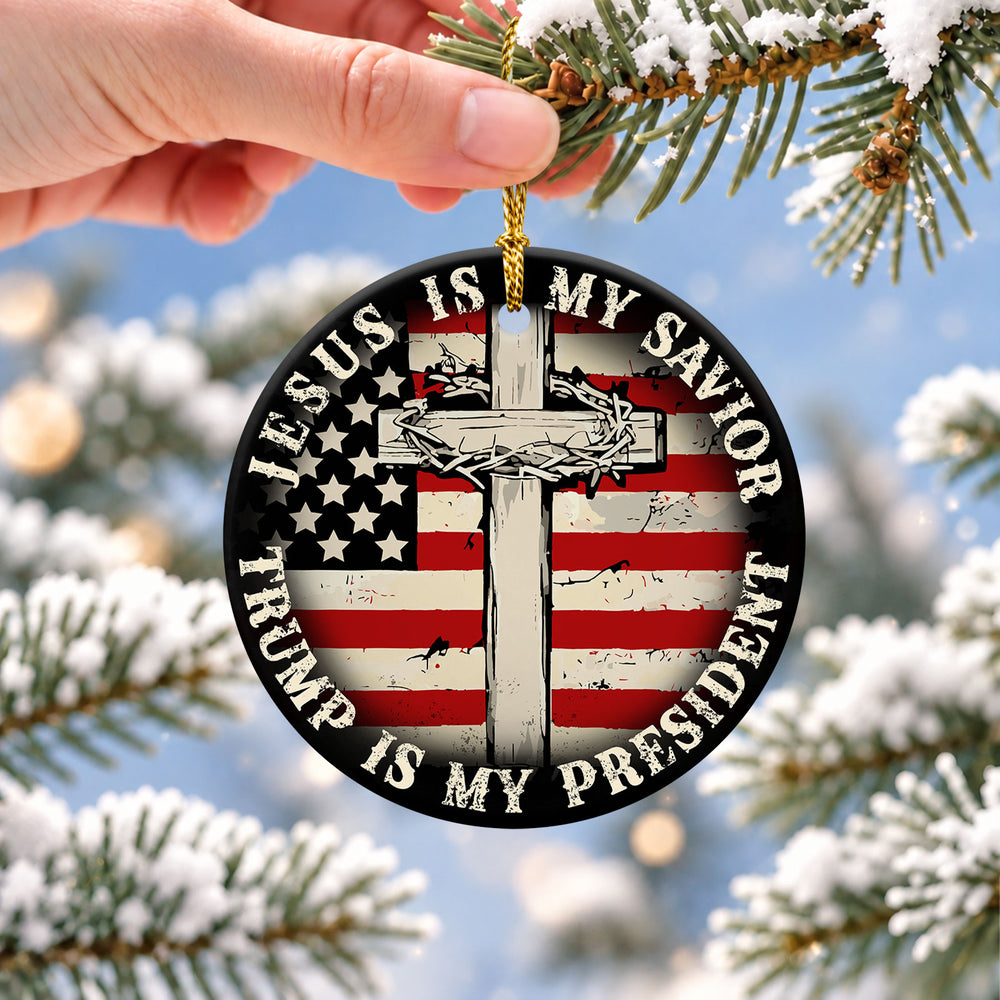 Patriotic Cross Flag Ceramic Christmas Ornament 2026
