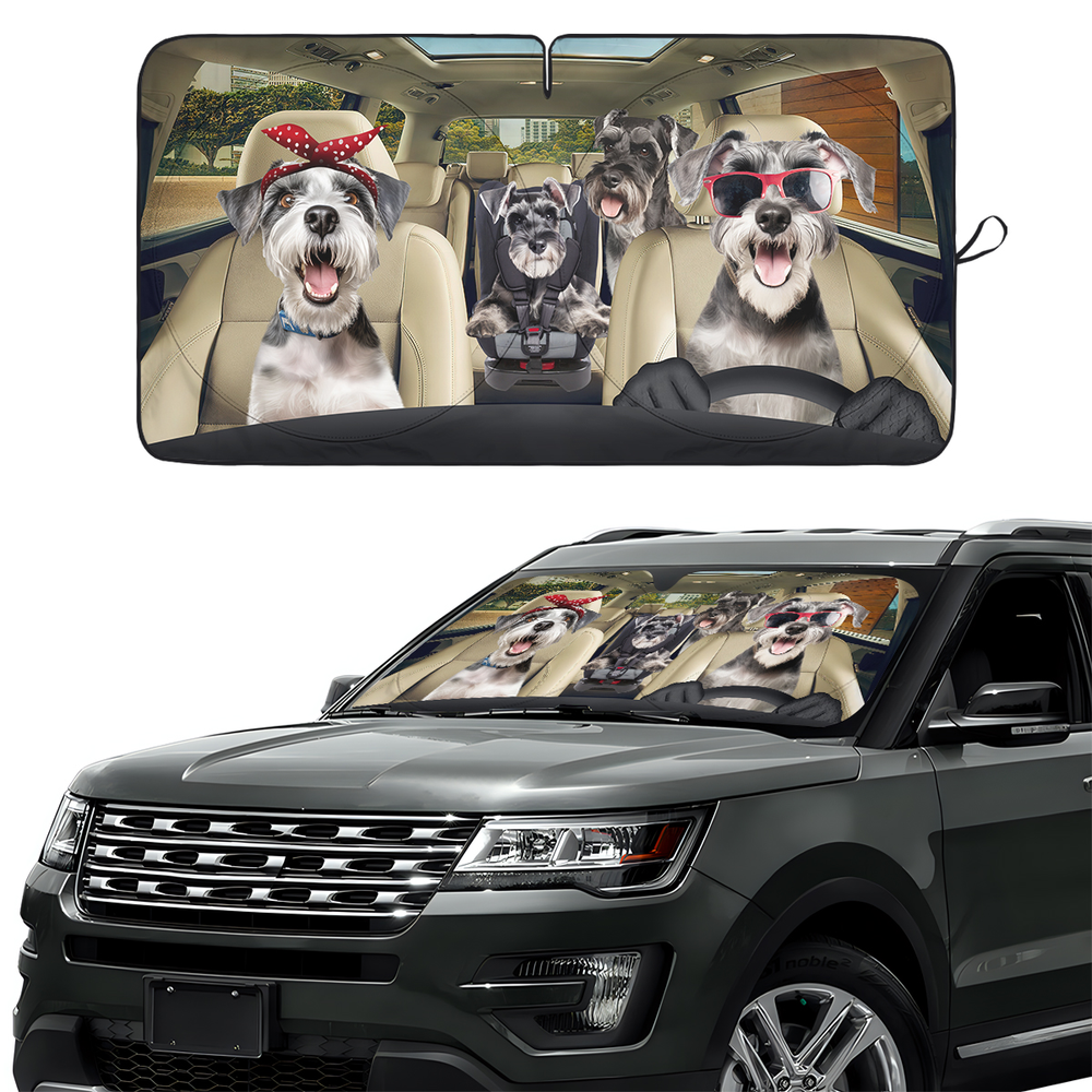 Cute Schnauzer Dog Family Funny Car Windshield Sun Shade – Foldable UV Heat Shield