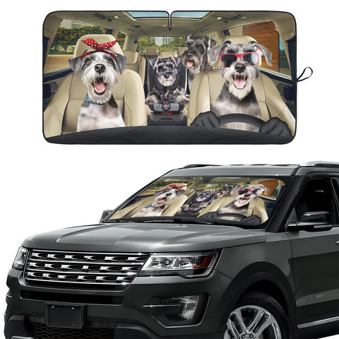 Cute Schnauzer Dog Family Funny Car Windshield Sun Shade – Foldable UV Heat Shield
