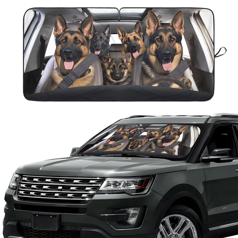 German Shepherd Dog Family Funny Car Windshield Sun Shade – Foldable UV Heat Shield