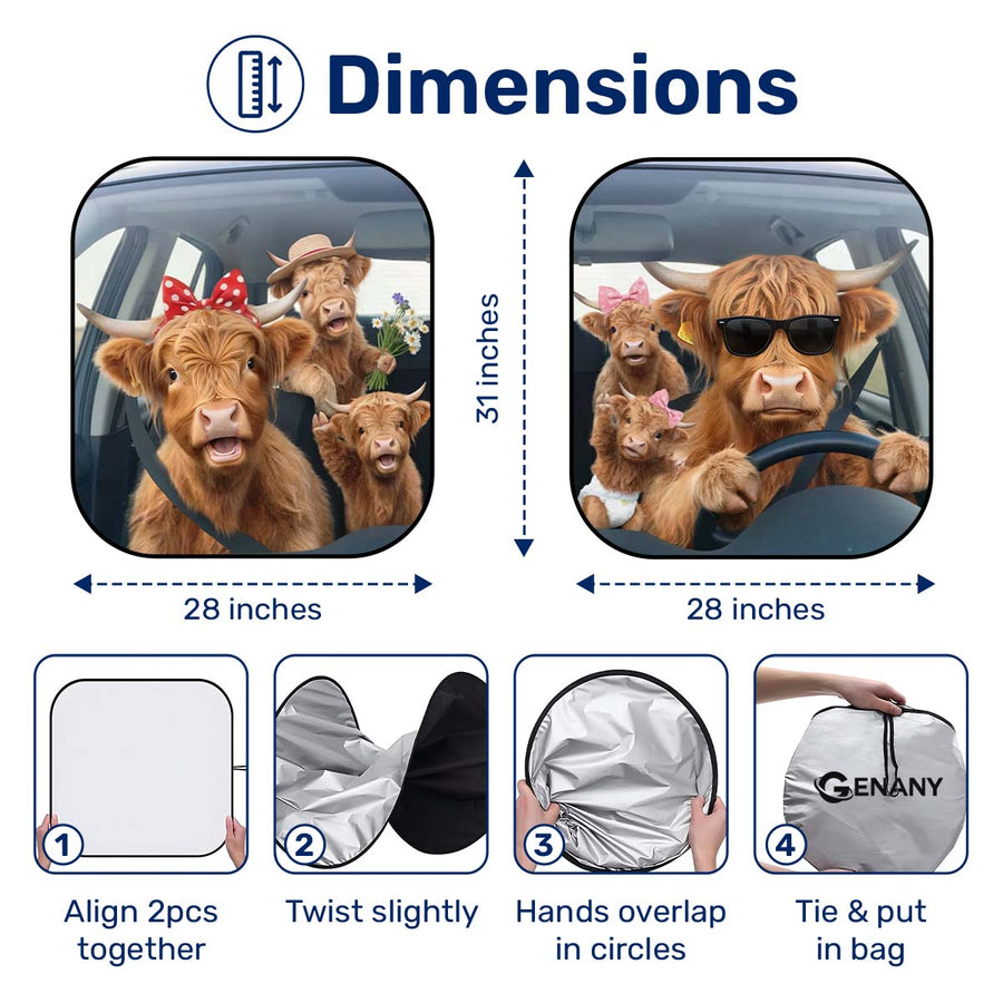Highland Cow Car Windshield Sun Shade – Foldable UV Heat Shield