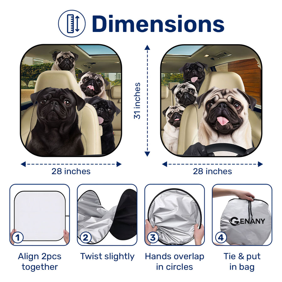 Pug Group Car Windshield Sun Shade – Foldable UV Heat Shield