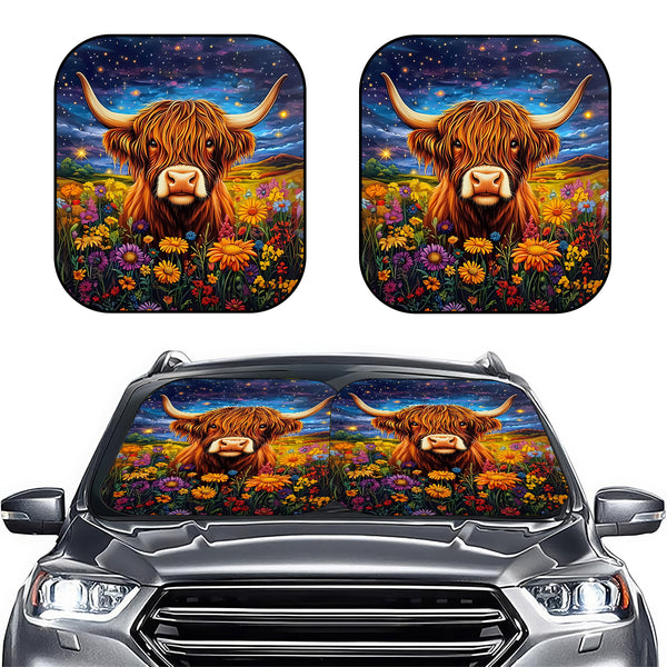 Highland Cow Flowers Car Windshield Sun Shade – Foldable UV Heat Shield