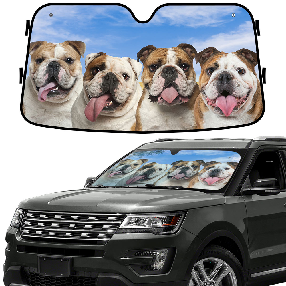 Cute English Bulldog Dog Group Funny Car Windshield Sun Shade – Foldable UV Heat Shield