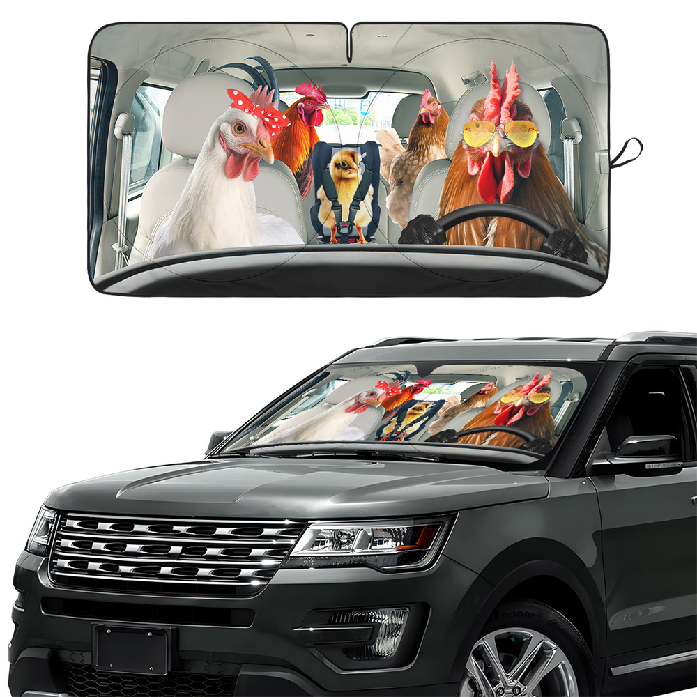 Chicken Family Funny Car Windshield Sun Shade – Foldable UV Heat Shield