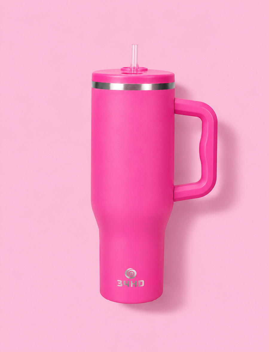 34HD 40 oz Hot Pink Stainless Steel Tumbler - Leakproof Insulated Water Bottle with Handle, Magnetic Lid and Flexible Straw