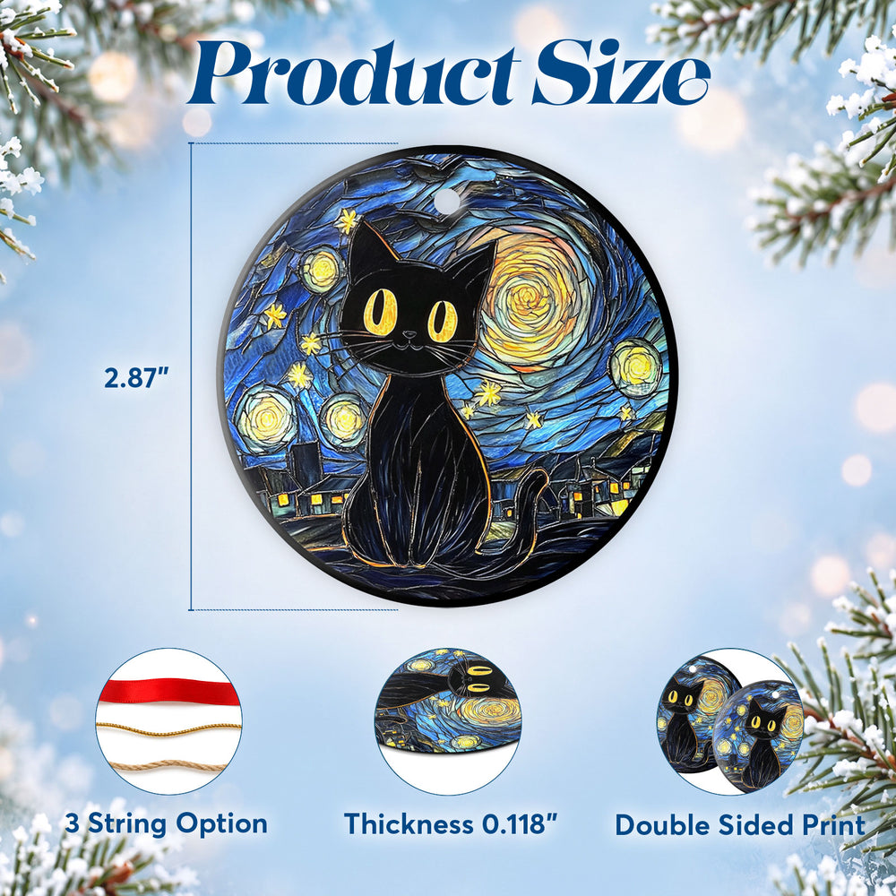 Black Cat Starry Night – Ceramic Christmas Ornament
