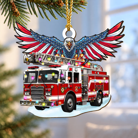 Patriotic Fire Truck Wooden Christmas Ornament 2026