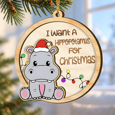 Hippo Themed Tree 2-Layer Wooden Christmas Ornament 2026