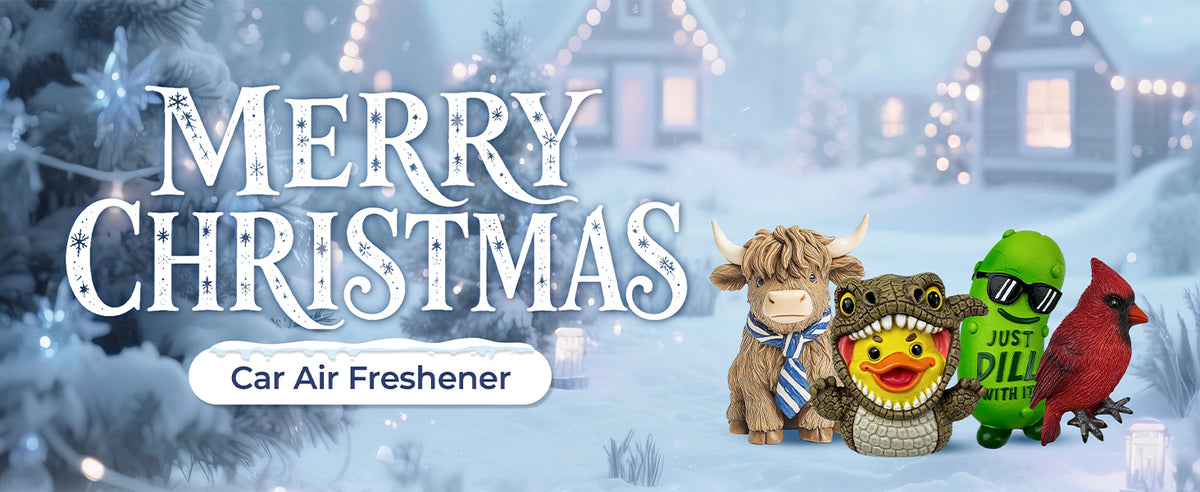 Merry Christmas car air fresheners: highland cow, duck, pickle and cardinal