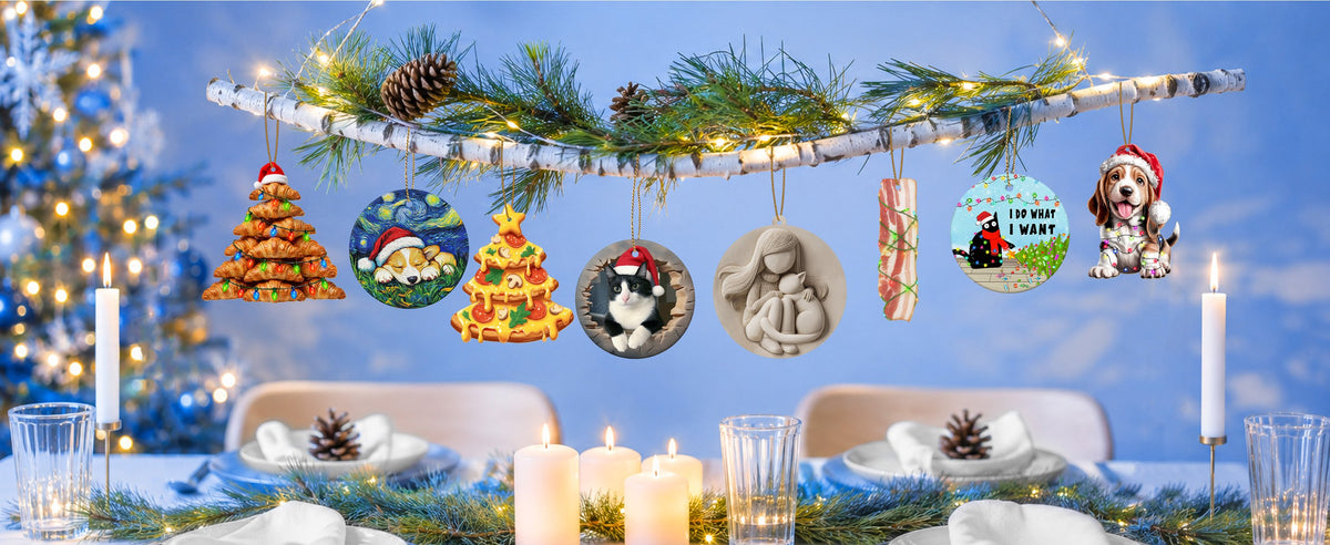 Funny wooden and ceramic Christmas ornaments hanging over a festive table