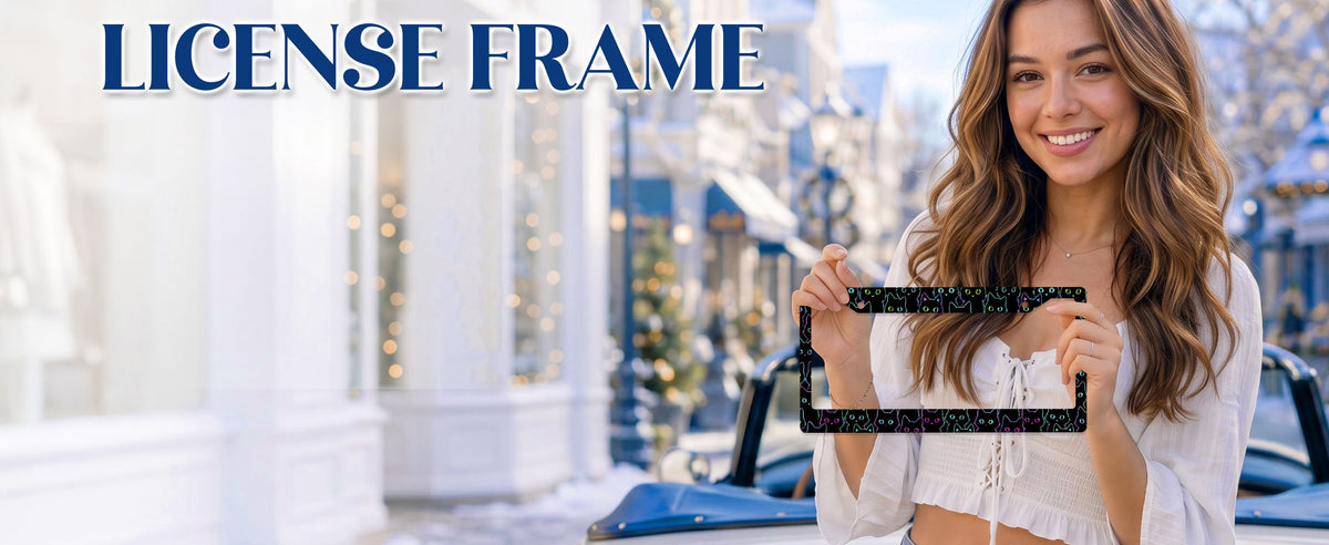 Woman holding a printed license plate frame on a snowy street