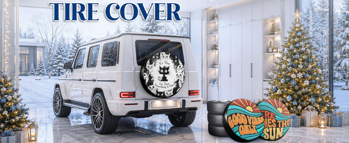 Printed spare tire covers on an SUV in a winter showroom